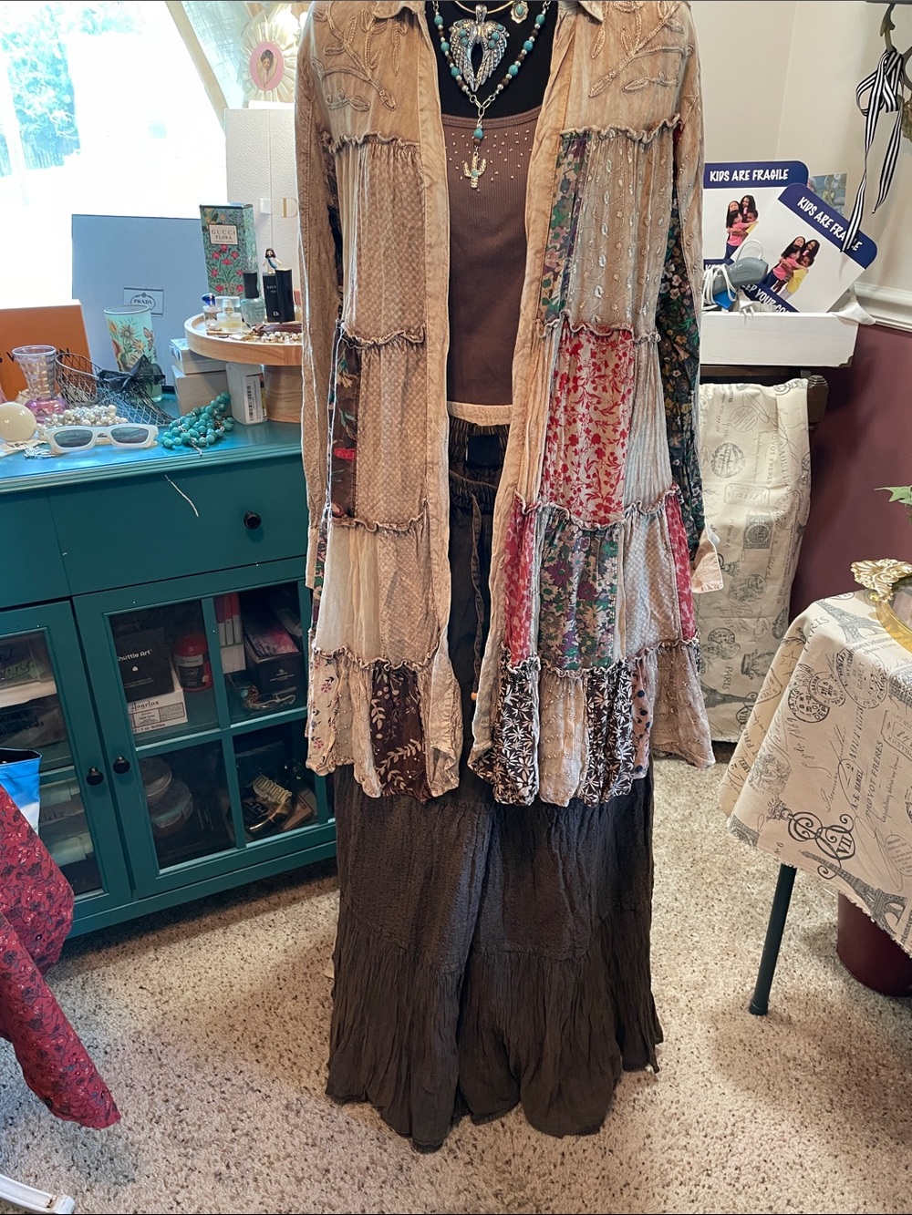 Boho Patchwork Duster Jacket in Beige and Floral Mix Young Threads - Picture 8 of 16